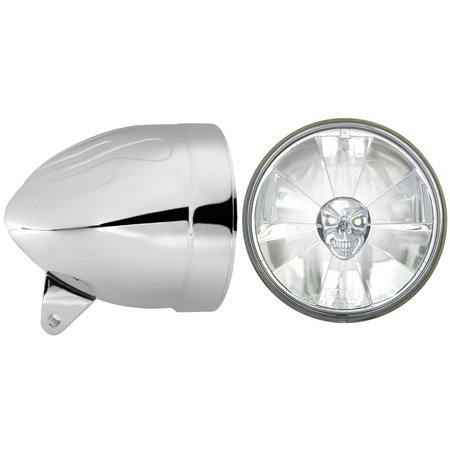 IN PRO CAR WEAR In Pro Car Wear HB54010-7SR 5.75 in. Flamed Headlight Bucket; Chrome with T50700-SR PC with Skull with H4 Bulb HB54010-7SR